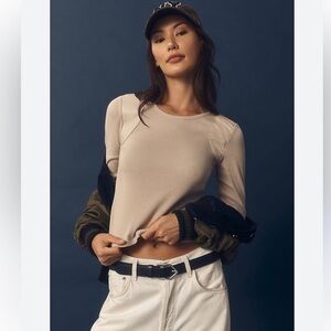 Anthropologie Maeve Faux Leather Inset Ribbed Top Shirt Light Sand color size L